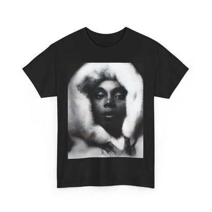 A black graphic t-shirt featuring a black and white, monochrome graphic or portrait of Donna Summer.