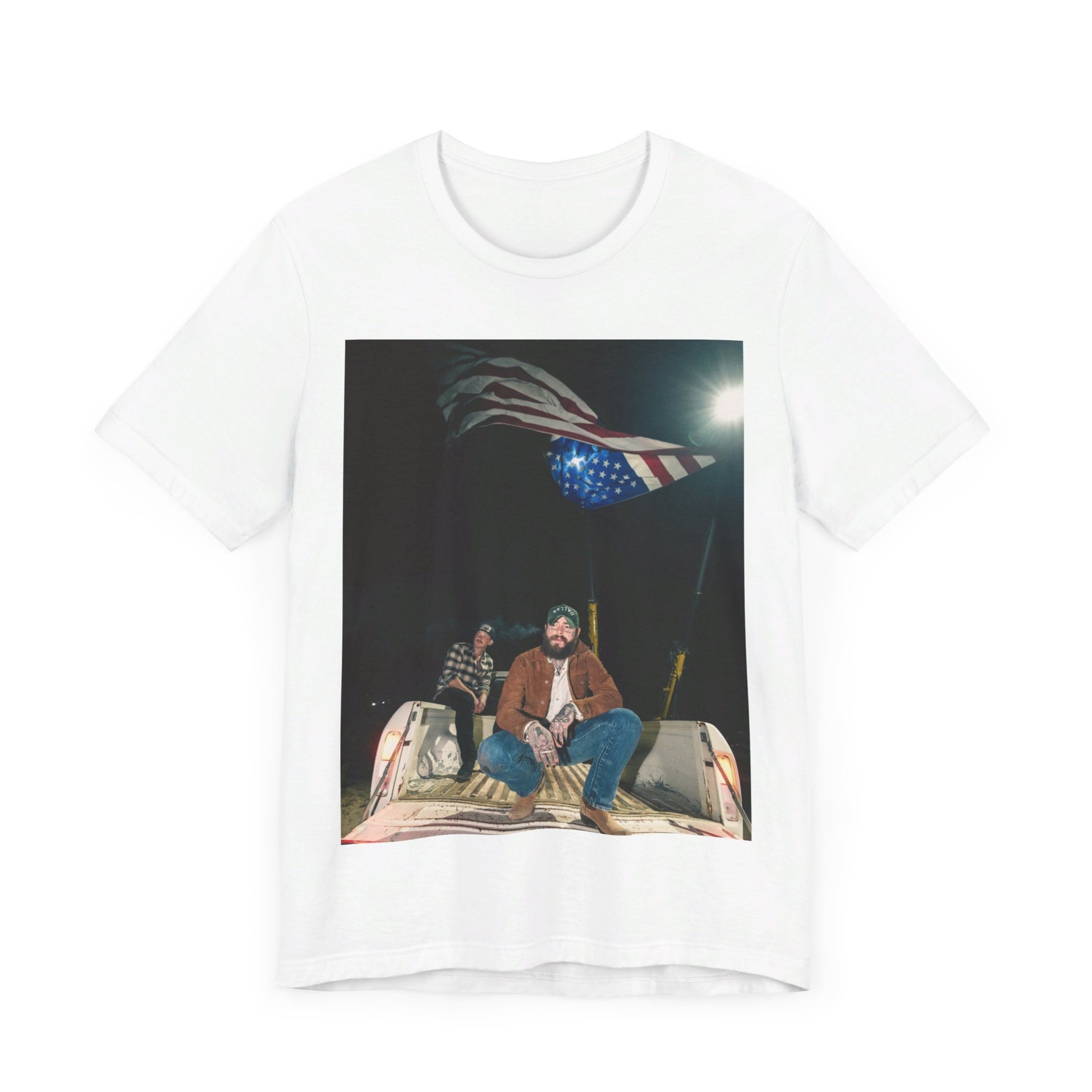 A black graphic t-shirt featuring an Americana-style graphic of Post Malone.