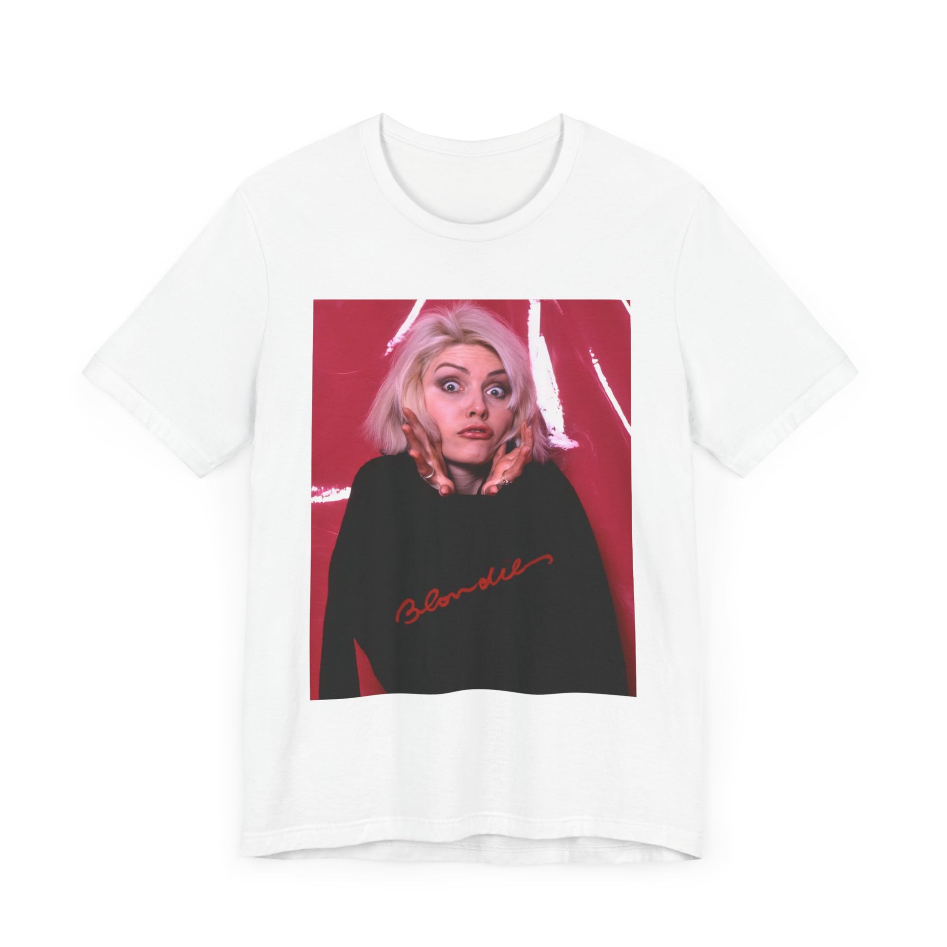 A black graphic t-shirt featuring a graphic related to Blondie's 'Atomic' song or era.