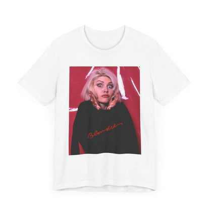 A black graphic t-shirt featuring a graphic related to Blondie's 'Atomic' song or era.