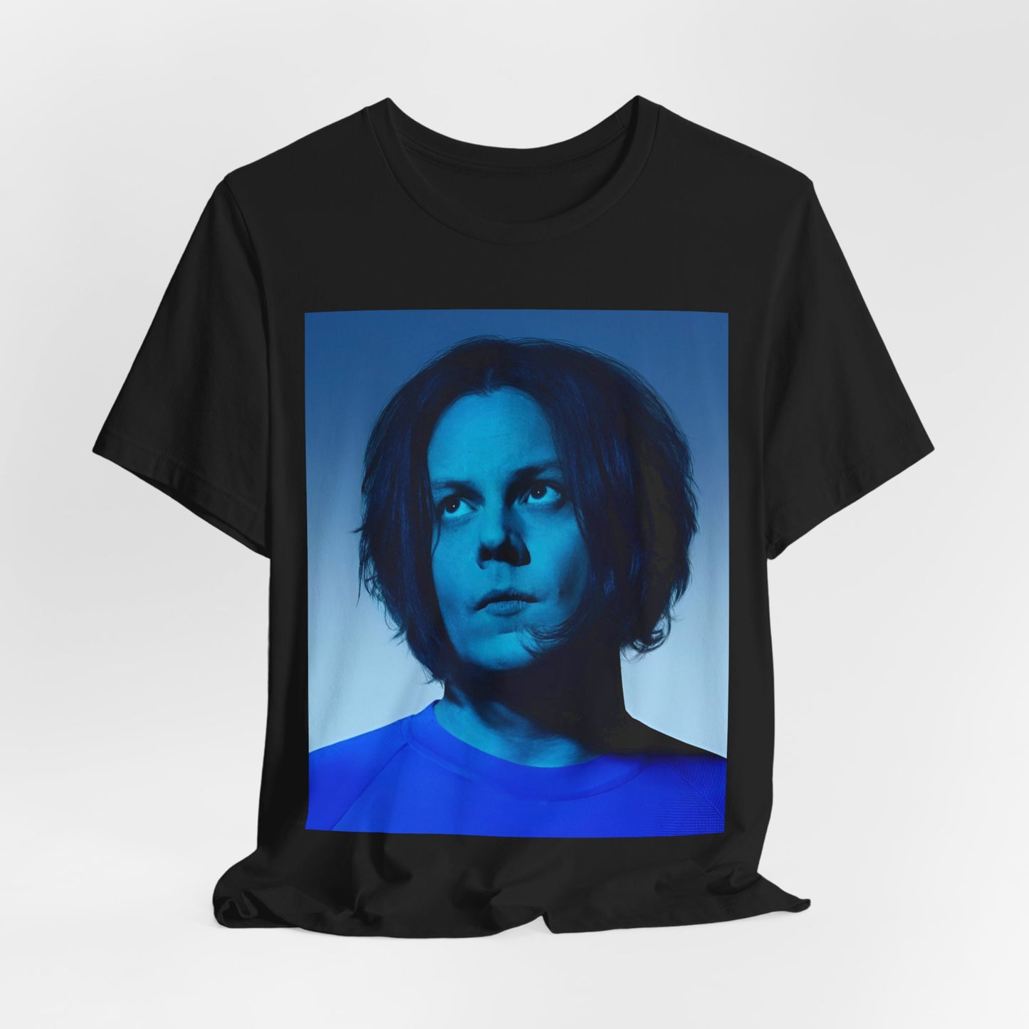 A black graphic t-shirt featuring a portrait photo of Jack White from The White Stripes.
