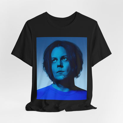 A black graphic t-shirt featuring a portrait photo of Jack White from The White Stripes.