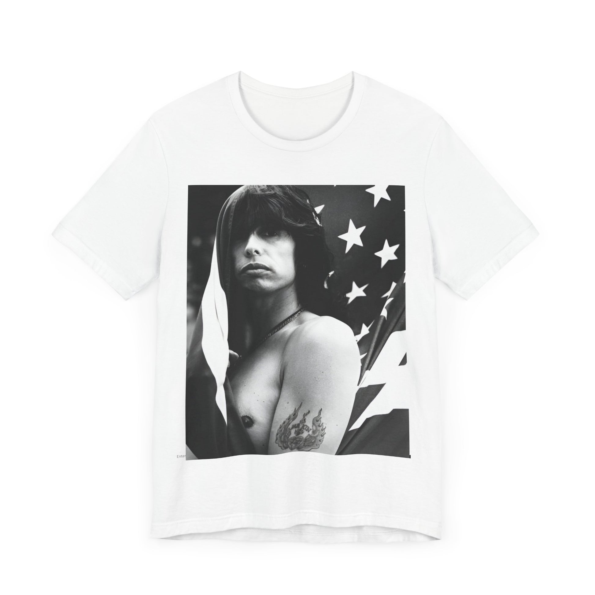 A black graphic t-shirt featuring a retro 70s-style illustration or photo of Aerosmith, integrated with elements of the American flag.