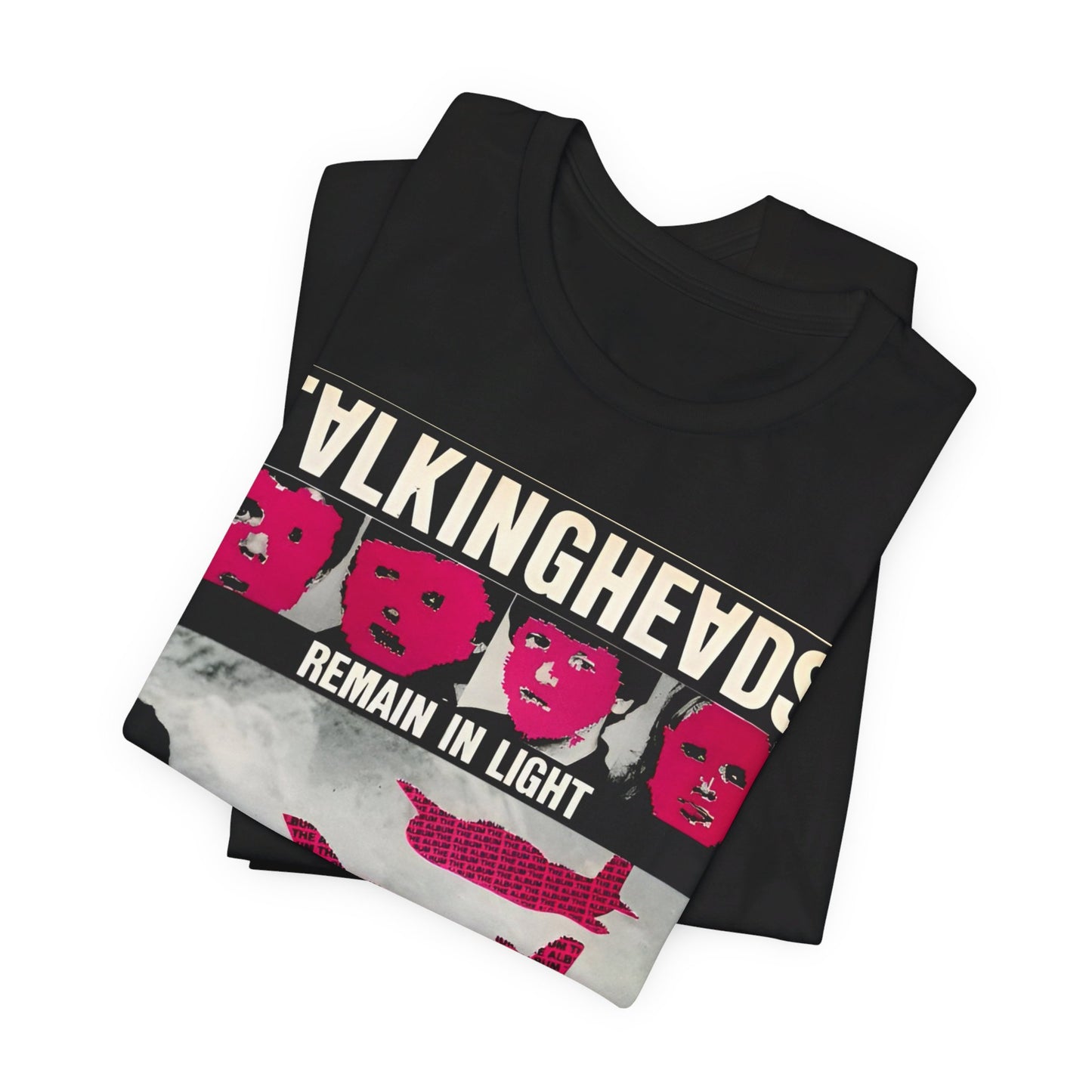 A black graphic t-shirt featuring an 80s art pop aesthetic graphic of Talking Heads.