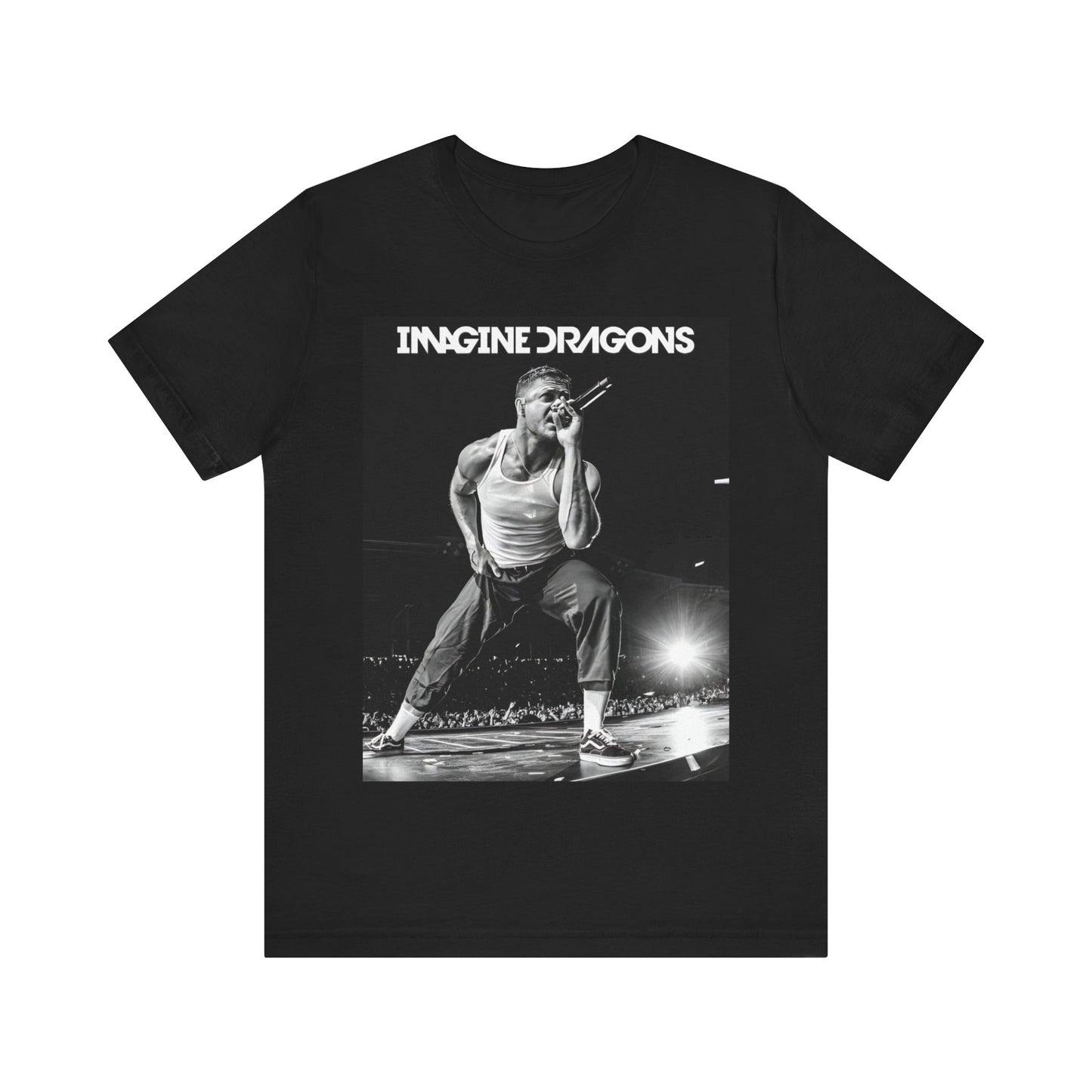 A black graphic t-shirt featuring a black and white graphic related to Imagine Dragons' 'Radioactive' song or era.