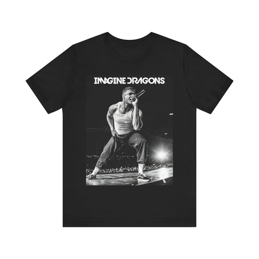 A black graphic t-shirt featuring a black and white graphic related to Imagine Dragons' 'Radioactive' song or era.