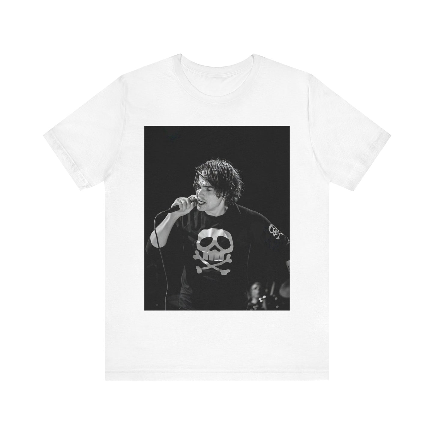 A black graphic t-shirt featuring a black and white portrait photo of Gerard Way from My Chemical Romance.