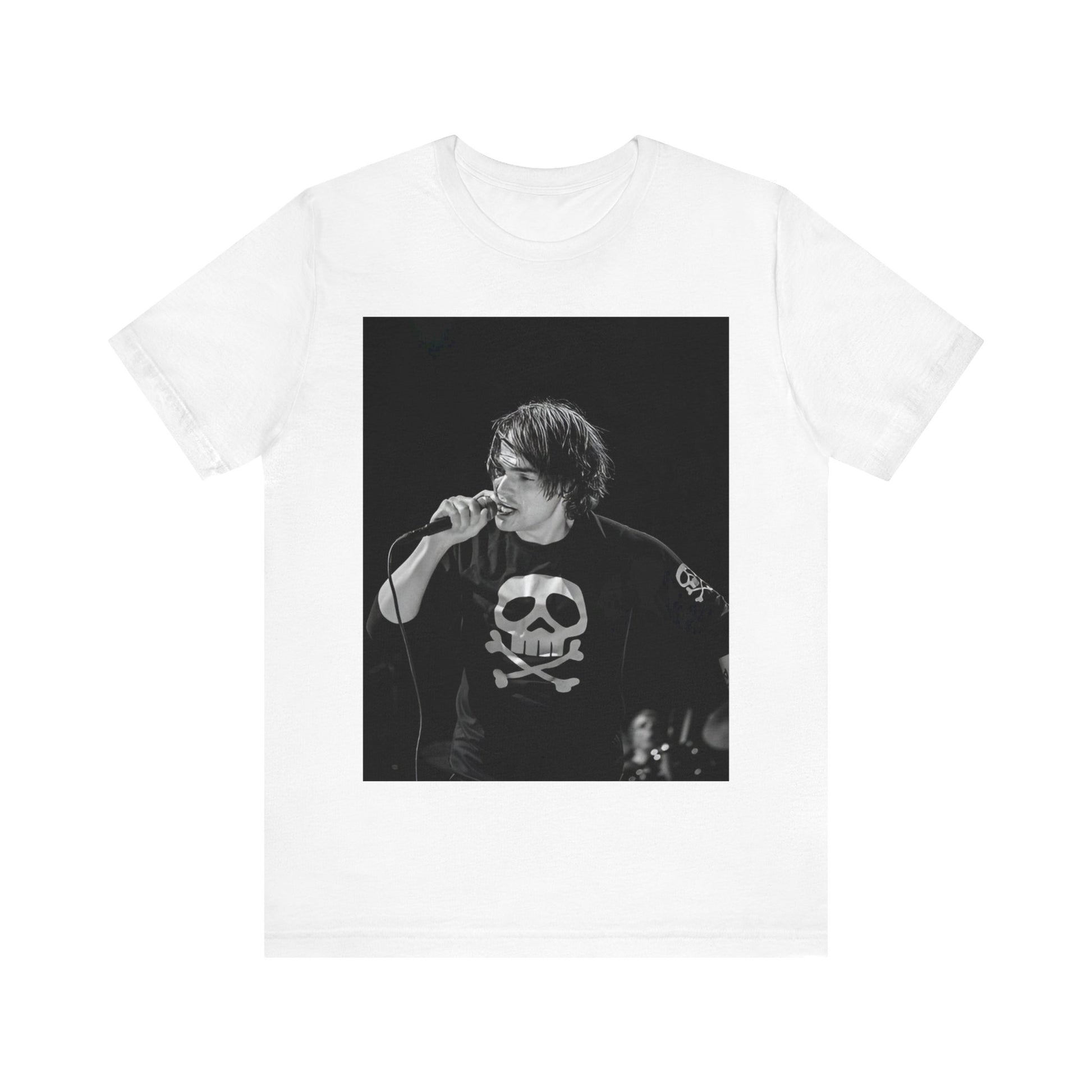 A black graphic t-shirt featuring a black and white portrait photo of Gerard Way from My Chemical Romance.