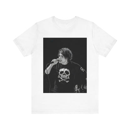 A black graphic t-shirt featuring a black and white portrait photo of Gerard Way from My Chemical Romance.