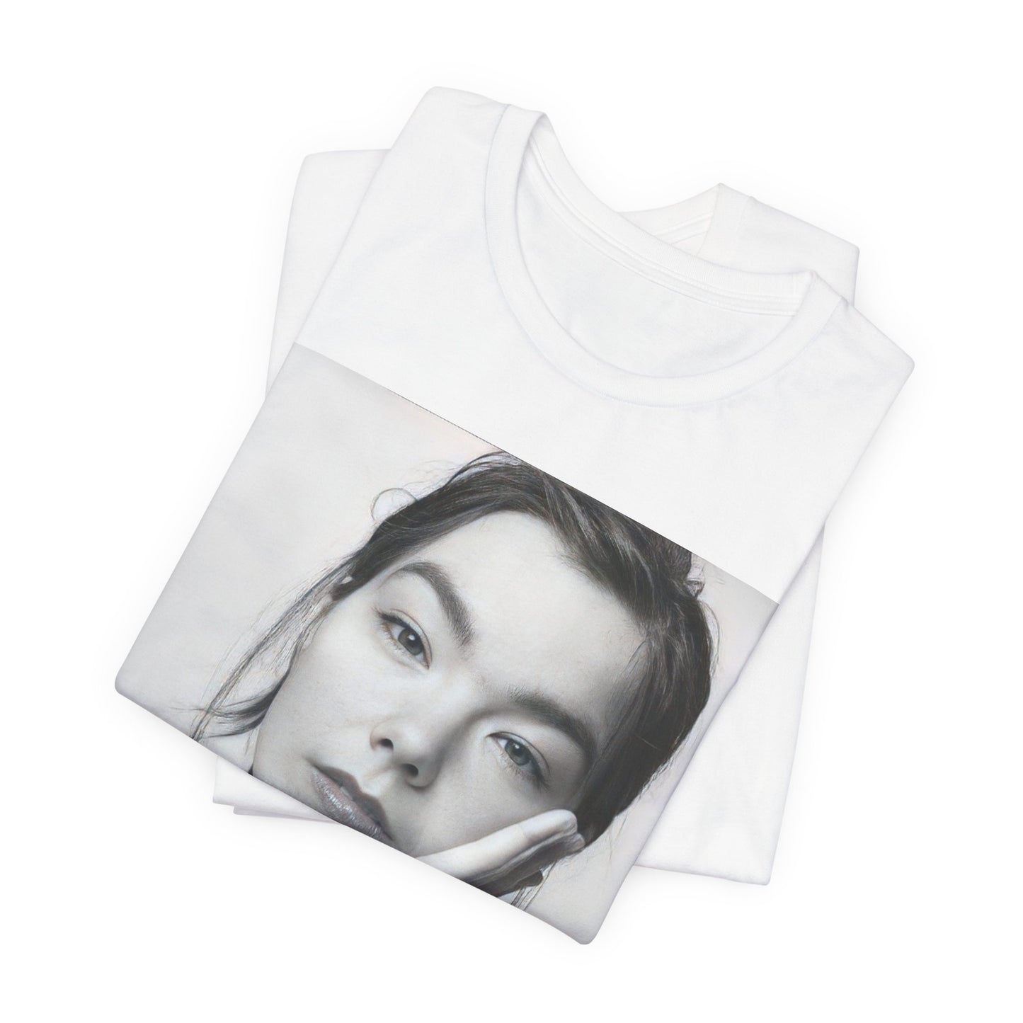 A black graphic t-shirt featuring a graphic related to Bjork's 'Post' album era, possibly with album art elements.