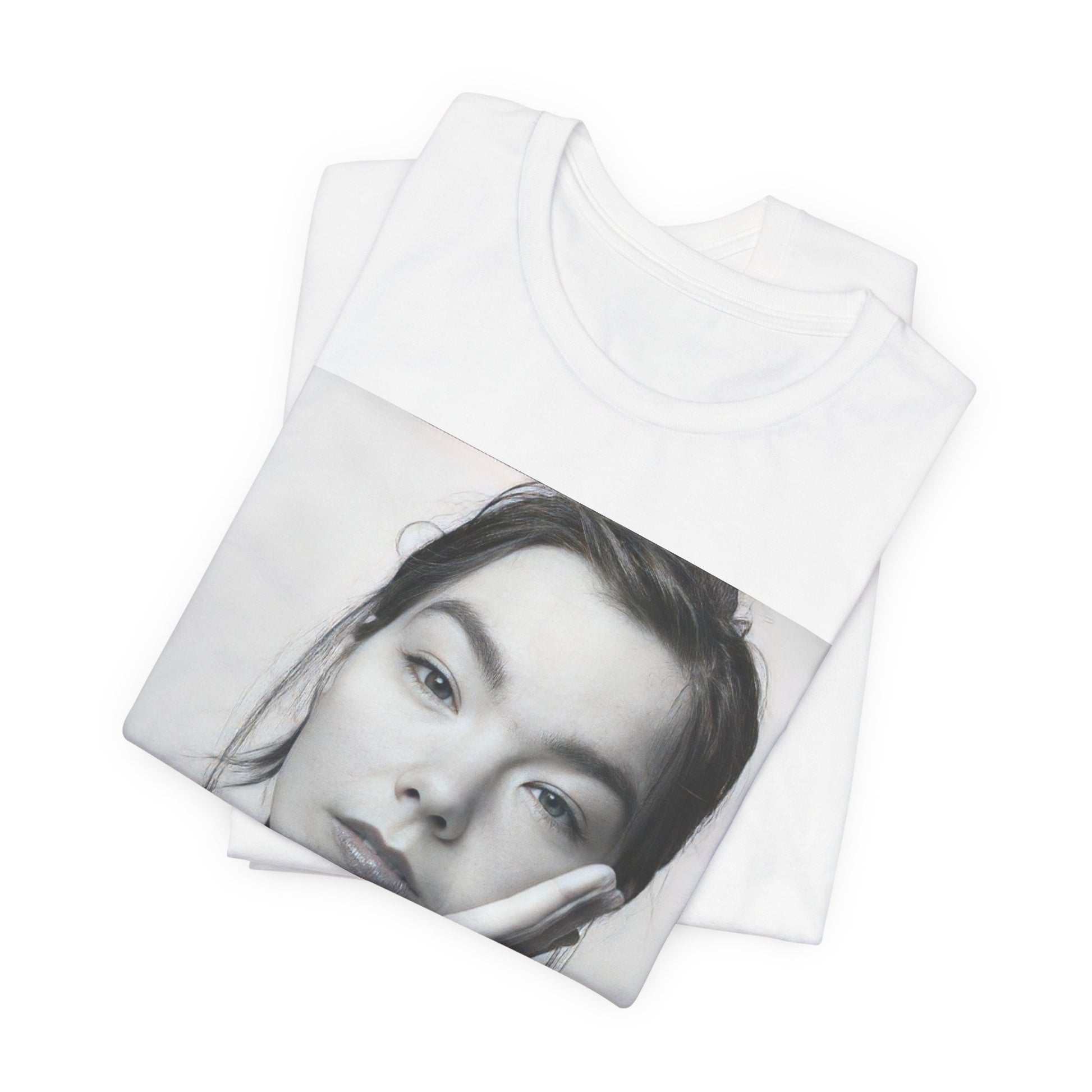 A black graphic t-shirt featuring a graphic related to Bjork's 'Post' album era, possibly with album art elements.