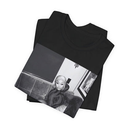 A black graphic t-shirt featuring a fierce black and white glamour graphic of Nicki Minaj.