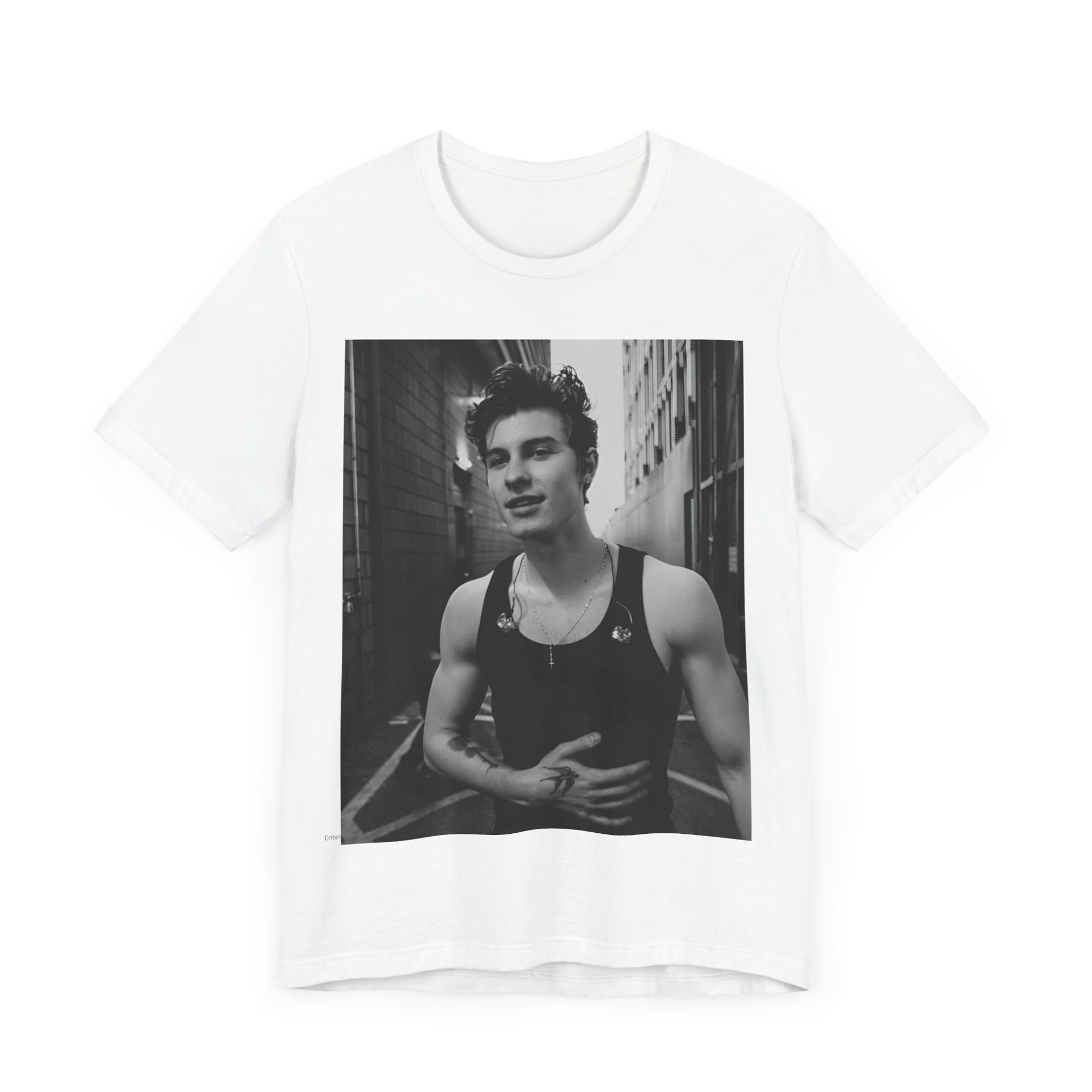A black graphic t-shirt featuring a vintage black and white portrait graphic or photo of Shawn Mendes.