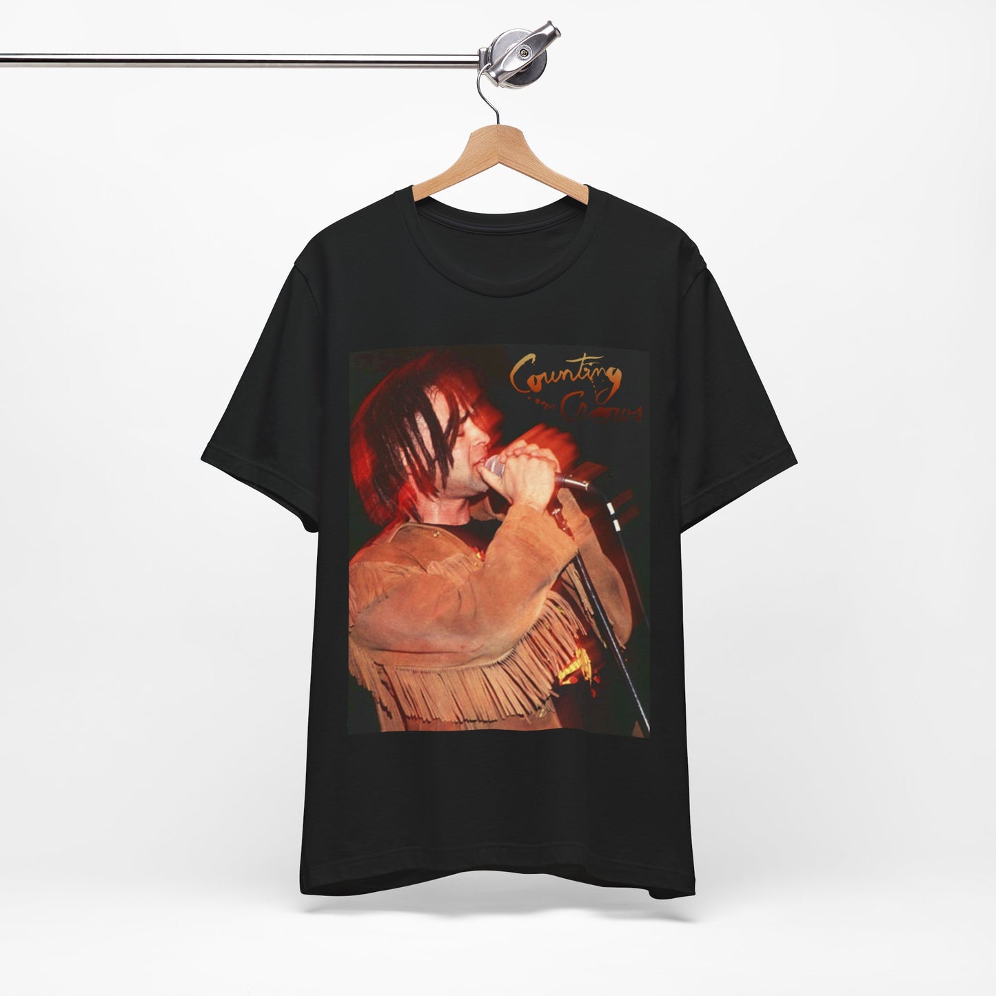 A black graphic t-shirt featuring a retro graphic related to Counting Crows' "Mr. Jones" song or era.