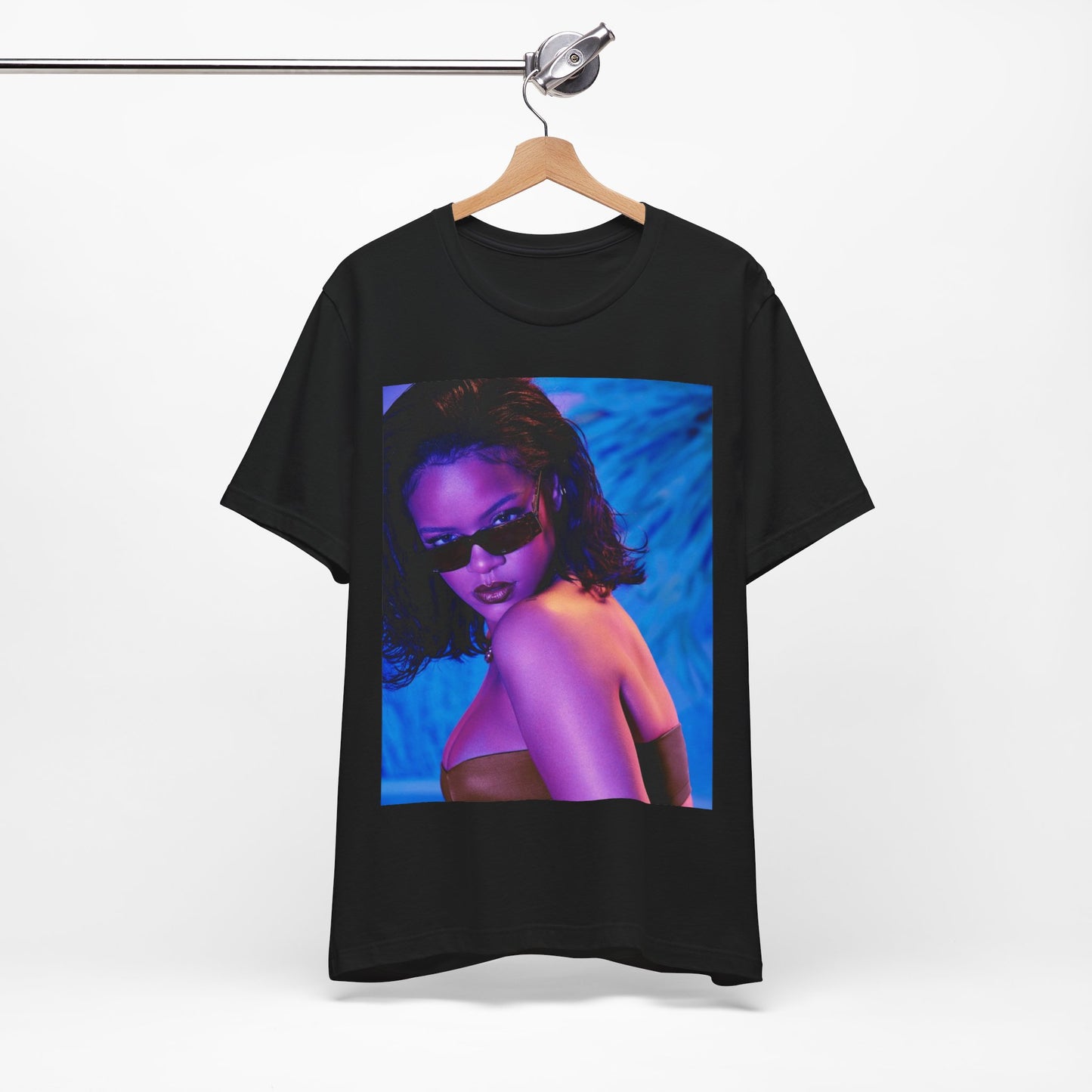 A black graphic t-shirt featuring a retro graphic related to Rihanna's 'Umbrella' song or era.