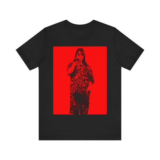 A portrait of Billie Eilish with platinum blonde hair from her 'Happier Than Ever' era, looking over her shoulder, printed on a graphic t-shirt.