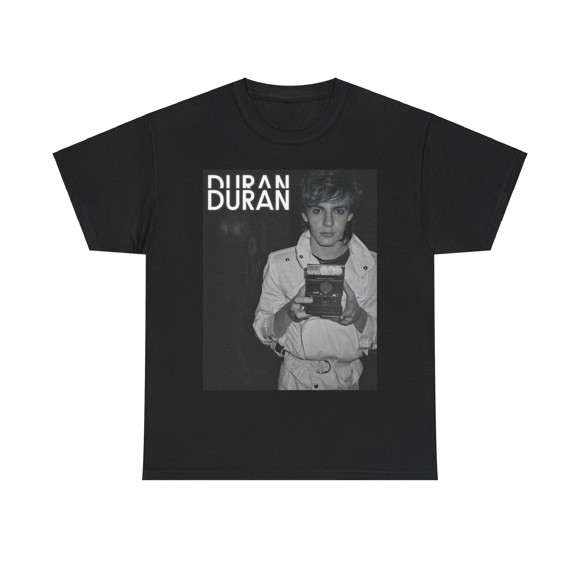 A black graphic t-shirt featuring an 80s black and white Polaroid-style photo of Duran Duran.