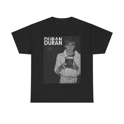 A black graphic t-shirt featuring an 80s black and white Polaroid-style photo of Duran Duran.