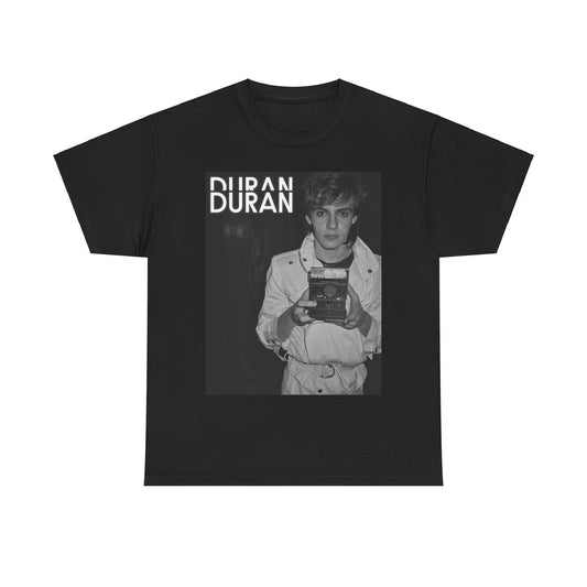 A black graphic t-shirt featuring an 80s black and white Polaroid-style photo of Duran Duran.