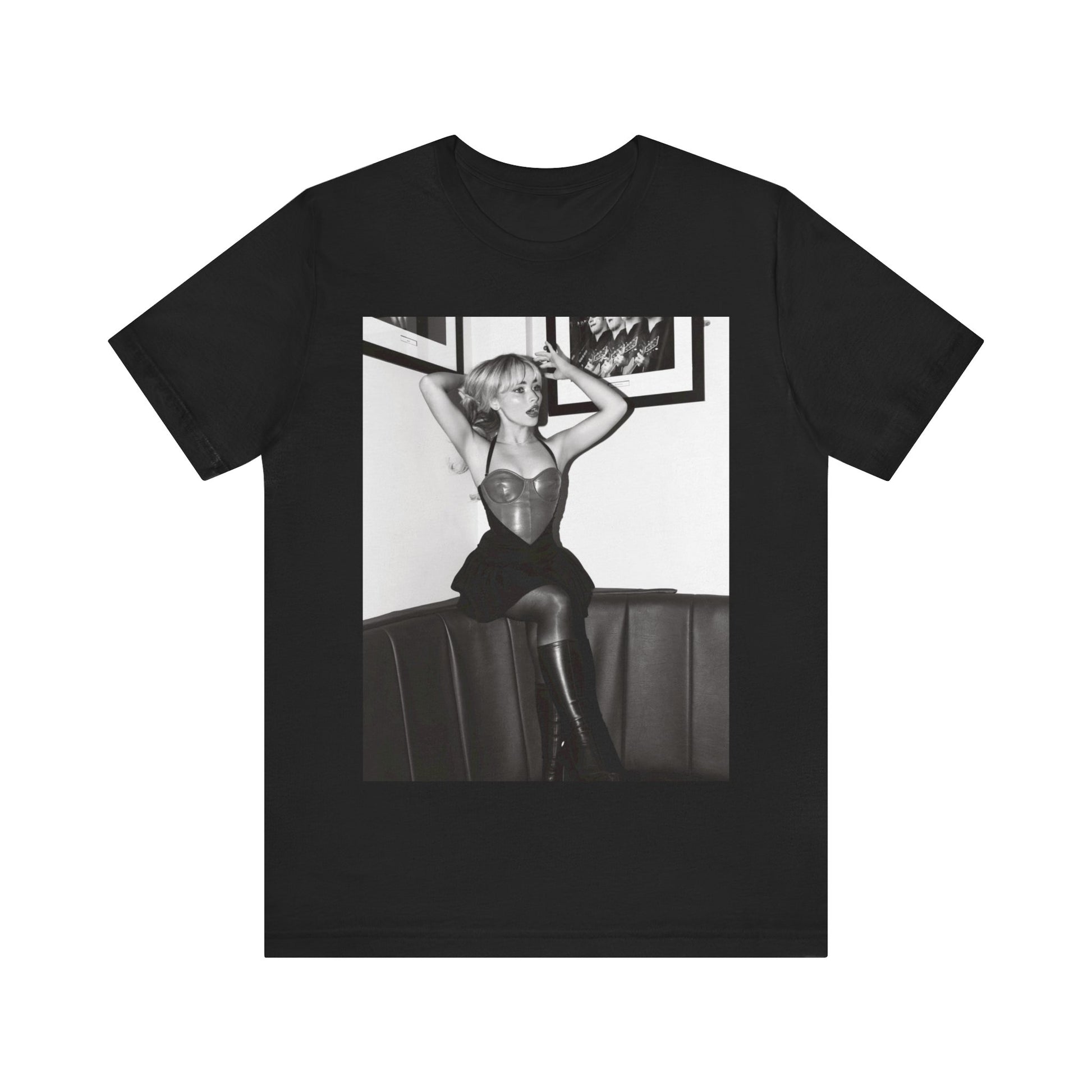 A black graphic t-shirt featuring a black and white graphic of Sabrina Carpenter as a pop princess.