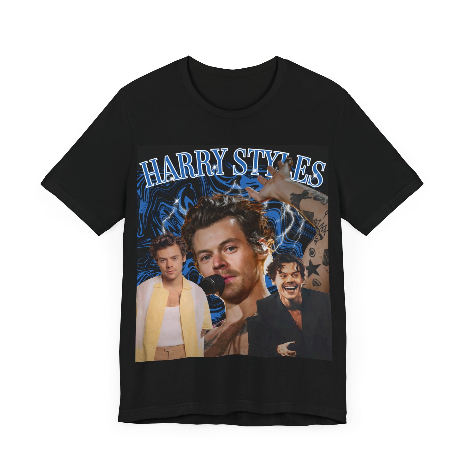 A black graphic t-shirt featuring an aesthetic bootleg graphic of Harry Styles.