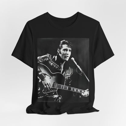A black graphic t-shirt featuring a graphic related to Elvis Presley's 'Burning Love' song or era.