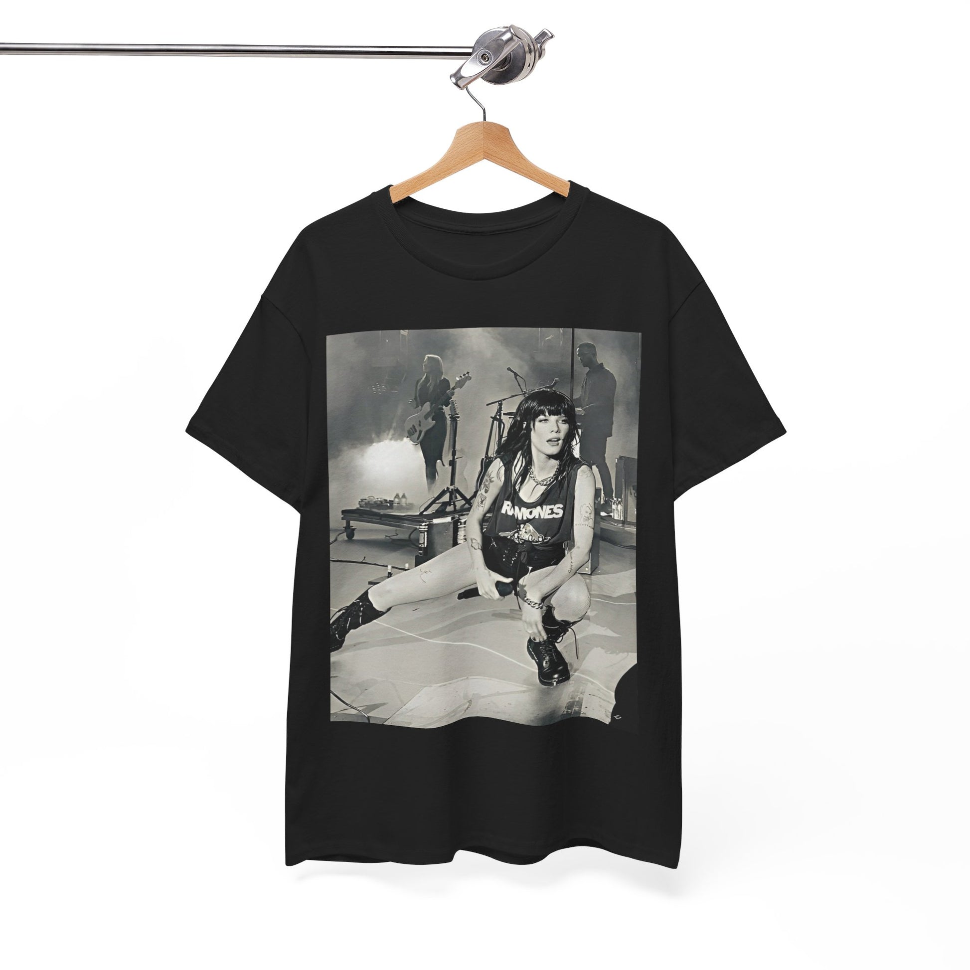 A black graphic t-shirt featuring a black and white graphic or photo of Halsey performing live in concert.