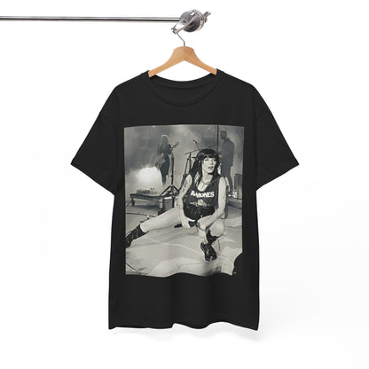 A black graphic t-shirt featuring a black and white graphic or photo of Halsey performing live in concert.