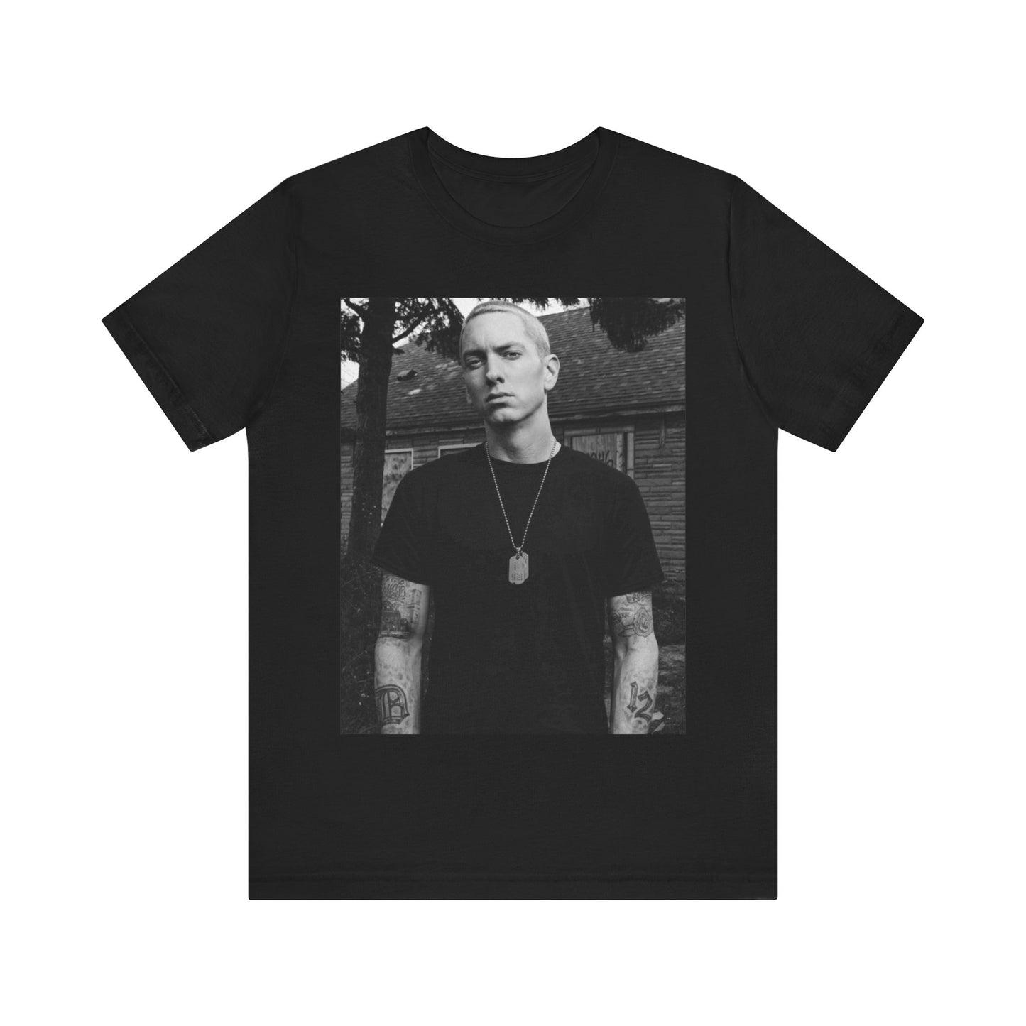 A black graphic t-shirt featuring a black and white graphic of Eminem as Slim Shady.