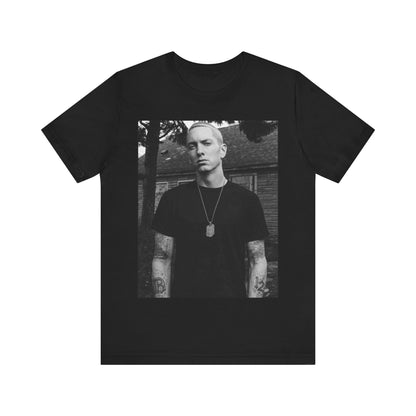 A black graphic t-shirt featuring a black and white graphic of Eminem as Slim Shady.