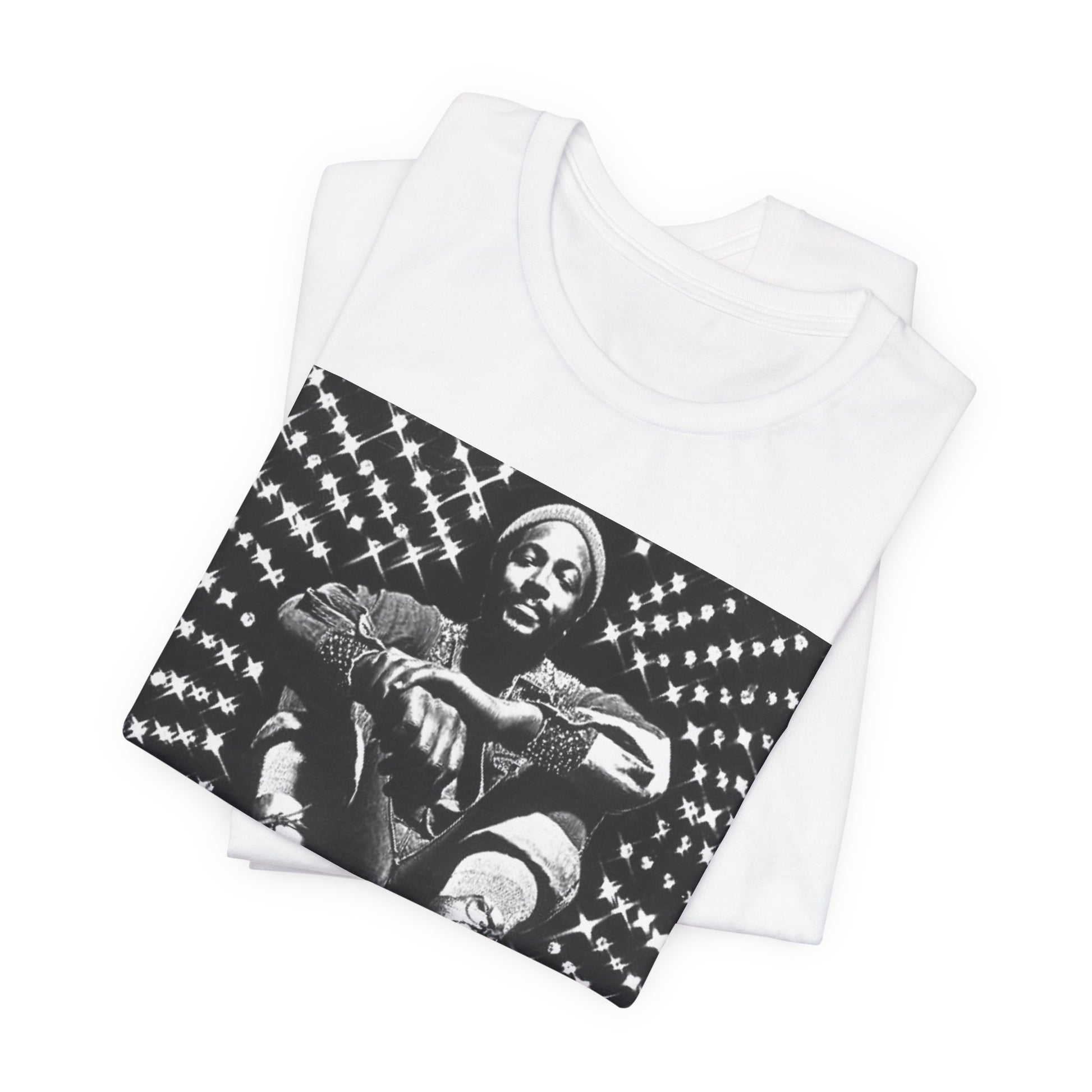 A black graphic t-shirt featuring a black and white vintage soul icon graphic of Marvin Gaye.
