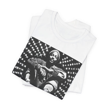 A black graphic t-shirt featuring a black and white vintage soul icon graphic of Marvin Gaye.