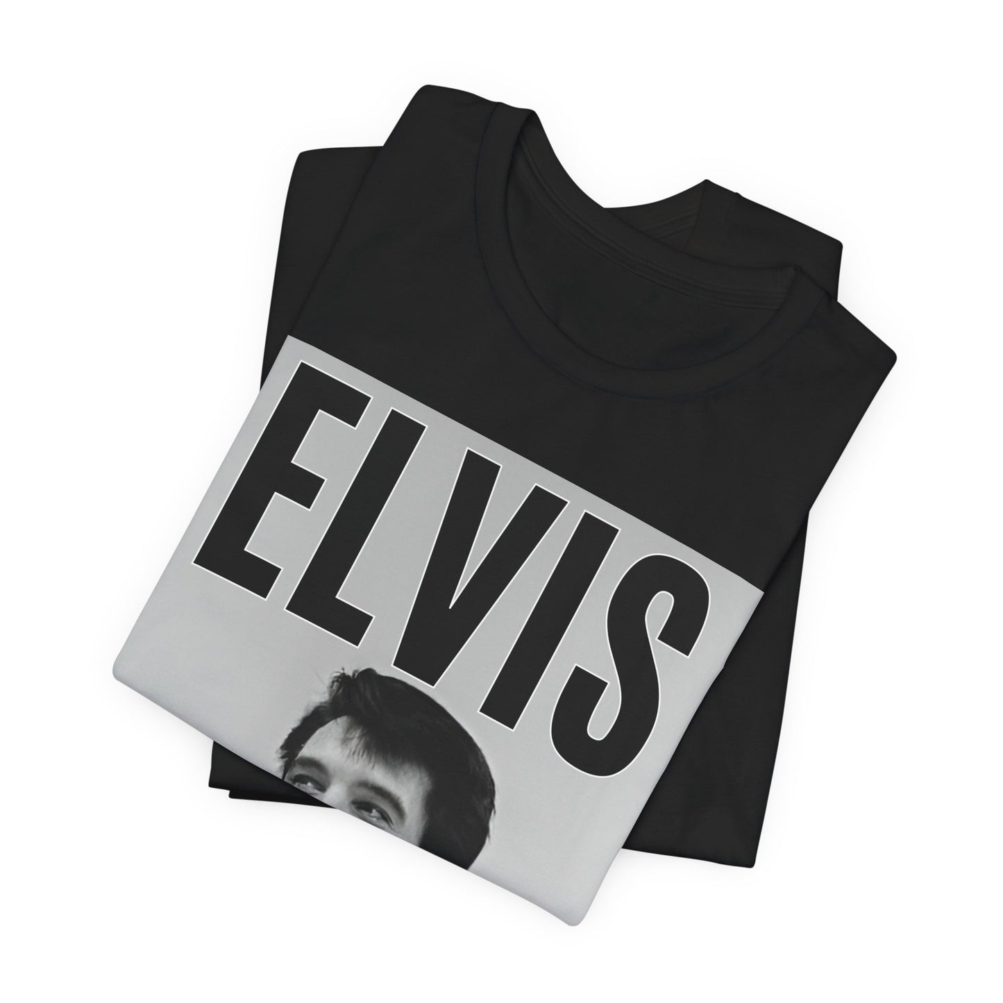 A black graphic t-shirt featuring a retro graphic of Elvis Presley as a 'Rebel With A Cause.'