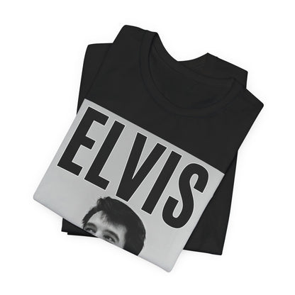 A black graphic t-shirt featuring a retro graphic of Elvis Presley as a 'Rebel With A Cause.'