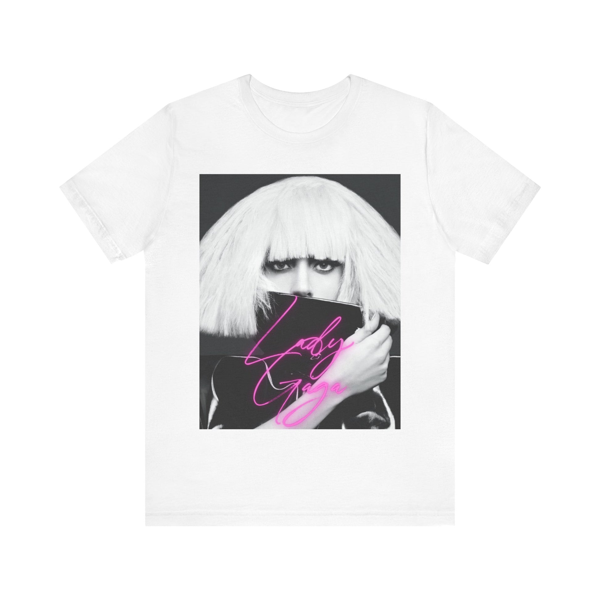 A black graphic t-shirt featuring a graphic related to Lady Gaga's 'Chromatica' album era.