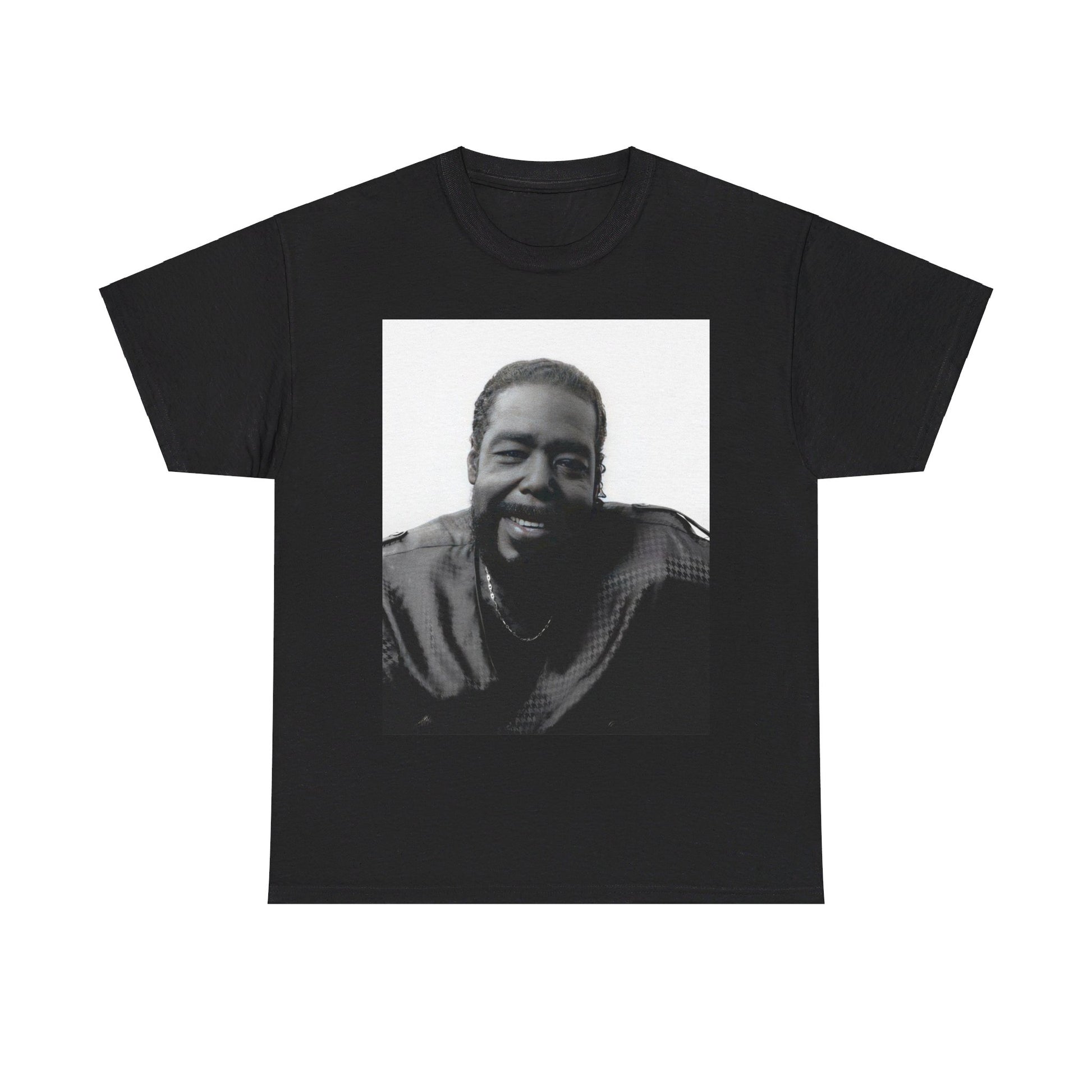 A black graphic t-shirt featuring a black and white photo of Barry White with his iconic smile.