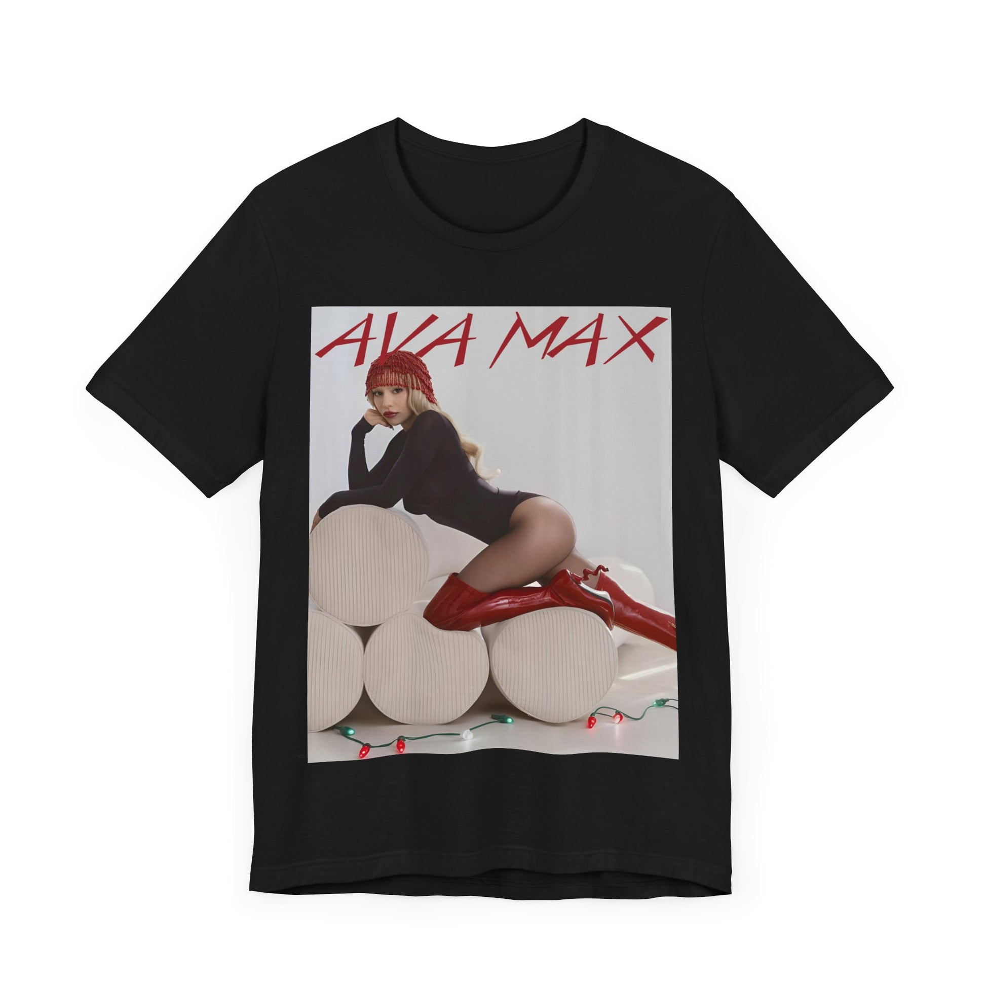 A black graphic t-shirt featuring an artistic or aesthetic graphic of Ava Max.