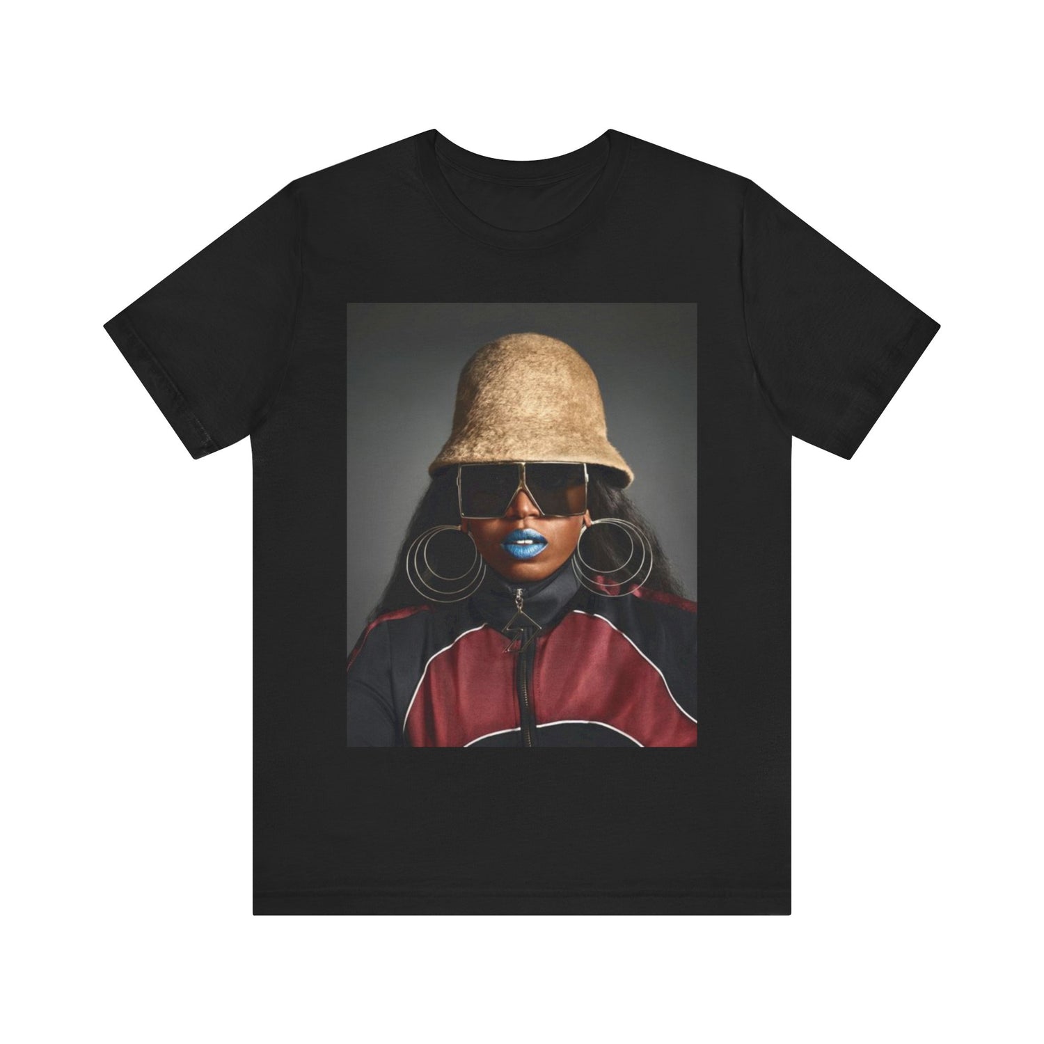 A black graphic t-shirt featuring a vintage hip hop icon graphic of Missy Elliott.